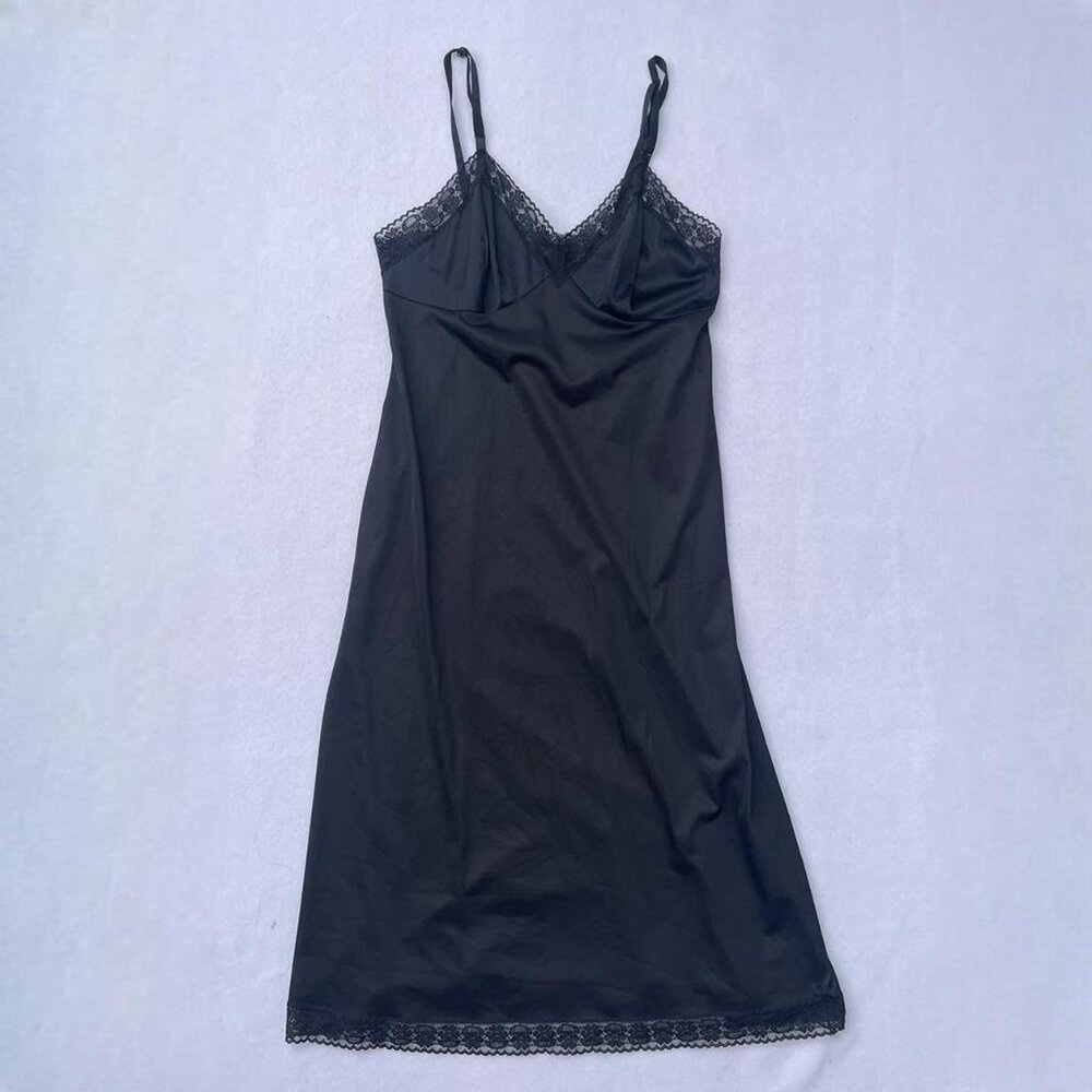 Vintage Vanity Fair Black Lace Satin Slip Maxi Nightgown Lingerie Sz 32 TT/XS